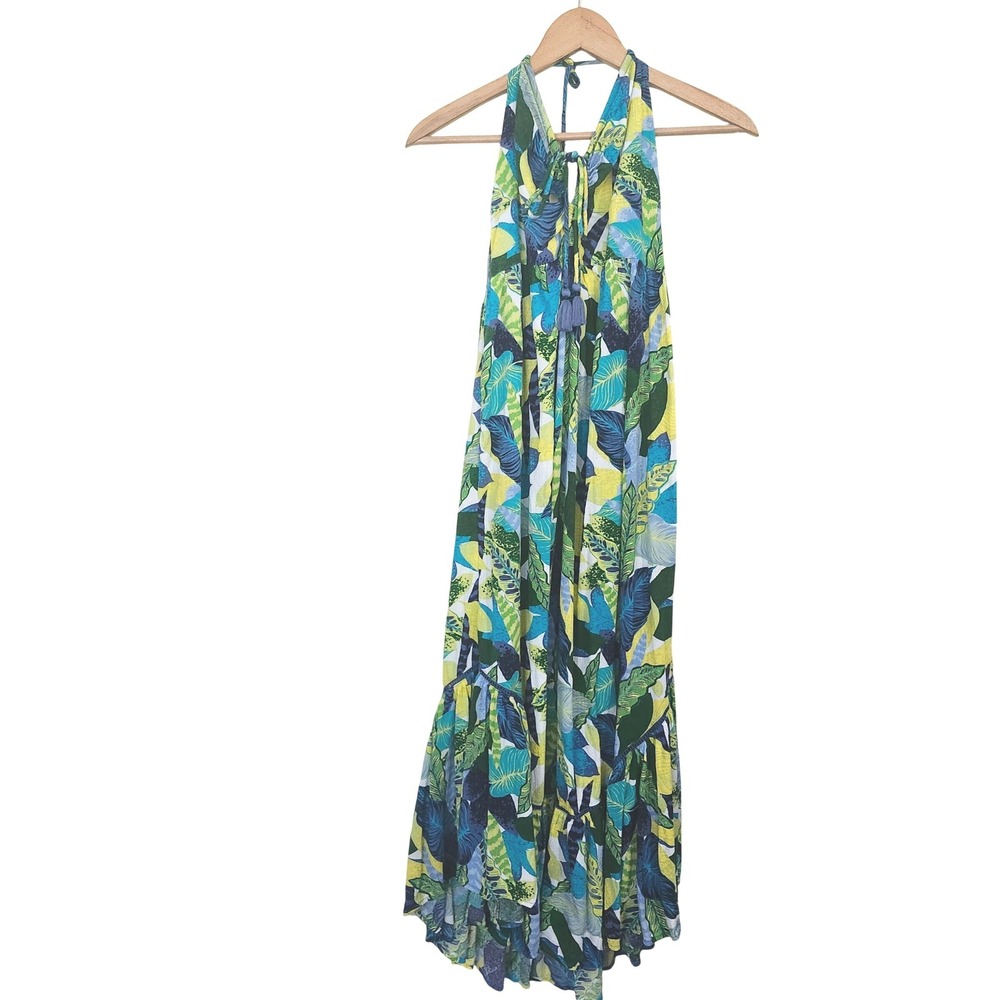 Aerie Maxi Dress Womens L Blue Green Tropical Leaf Halter Smocked Tassel Boho